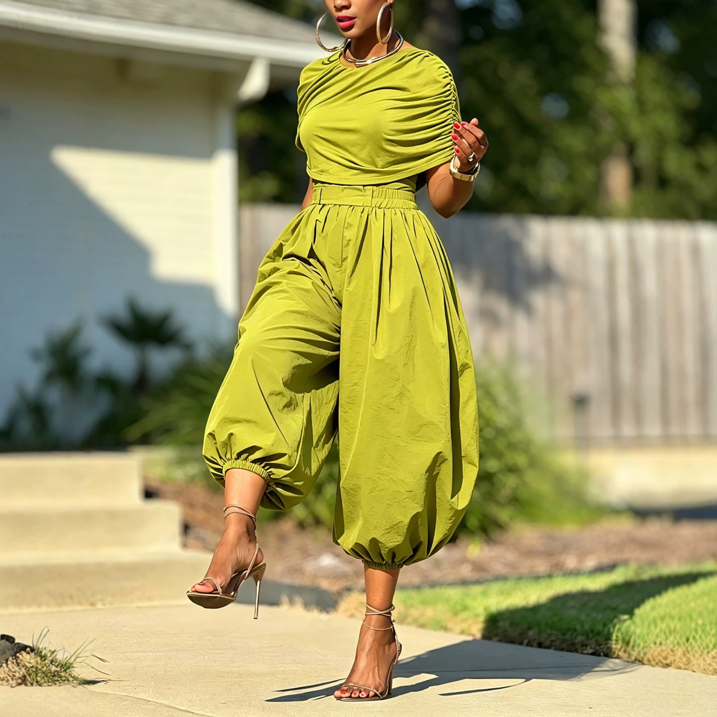 Wide Leg Palazzo Pants - Ensemble deux pièces assorti, haut court