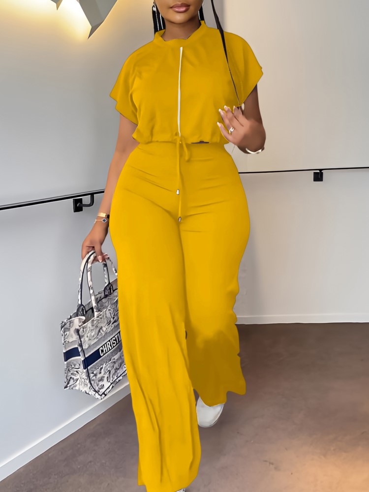 Wide Leg Palazzo Pants - Femmes décontracté col rond cordon à