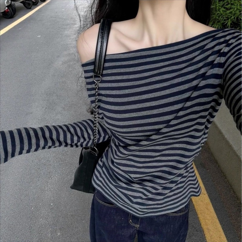 Off Shoulder Top - Haut décontracté vintage rayé à épaules
