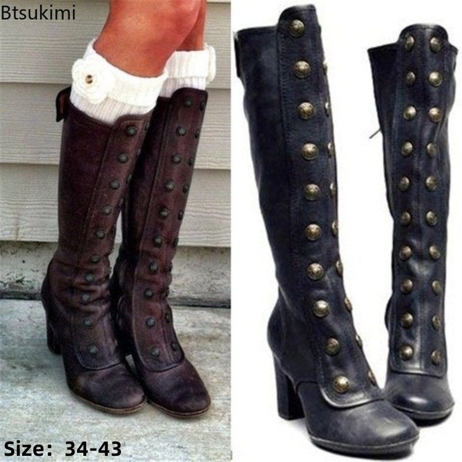 Women'S Fashion Knee High Boots - Bottes rétro noires à rivets, talons