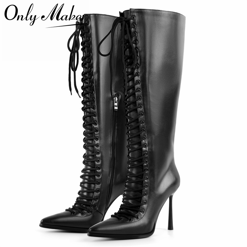 Women'S Fashion Knee High Boots - Onlymaker bout pointu à lacets en