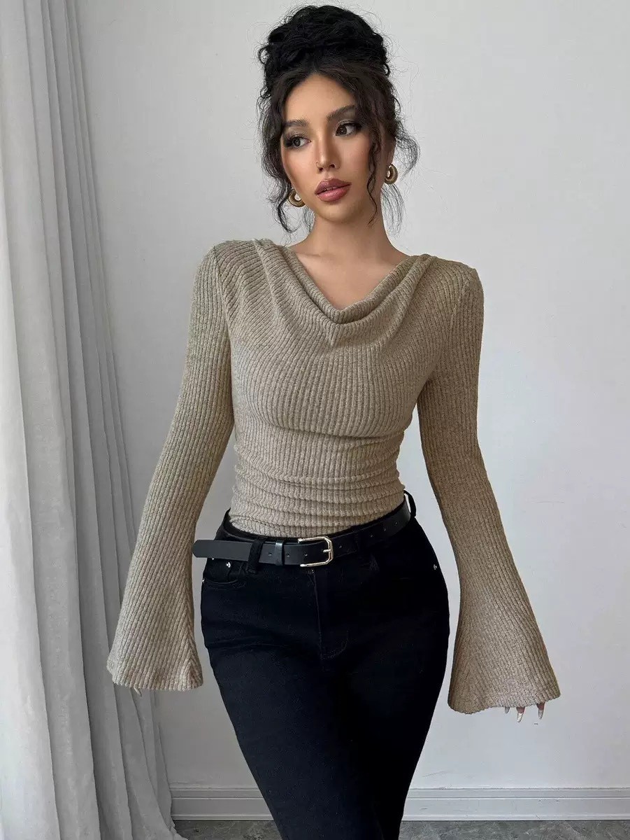 Off Shoulder Top - Haut pour femme en maille côtelée,