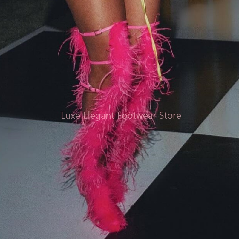 Bottes sandales roses à plumes - Women'S Fashion Knee High Boots avis et prix