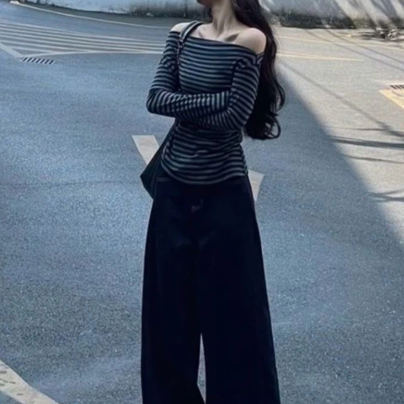 Haut décontracté vintage rayé  - Off Shoulder Top avis et prix