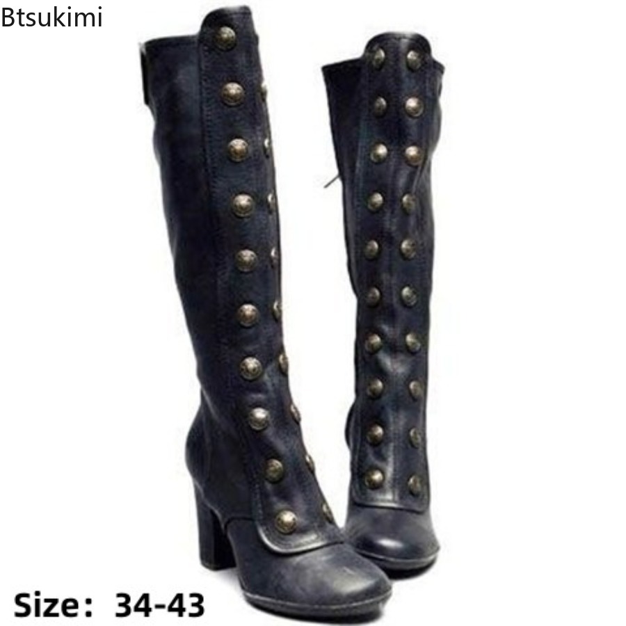 Bottes rétro noires à rivets,  - Women'S Fashion Knee High Boots avis et prix